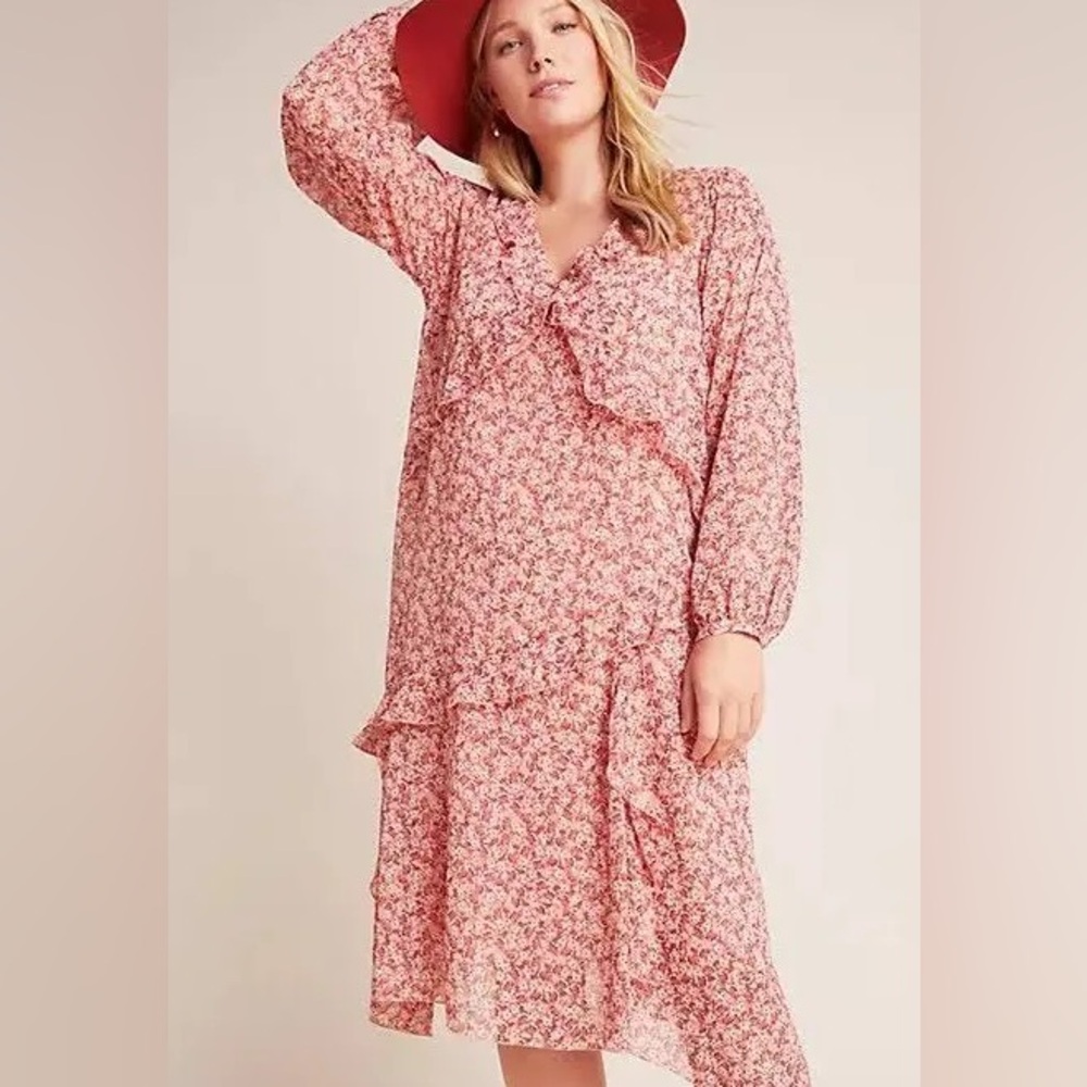 Maeve by Anthropologie—sirena floral print midi dress pink red boho ruffle